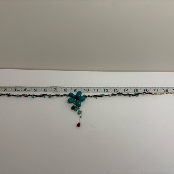 Whimsical Turquoise and Red Beaded Flower Necklace - Picture 4 of 7